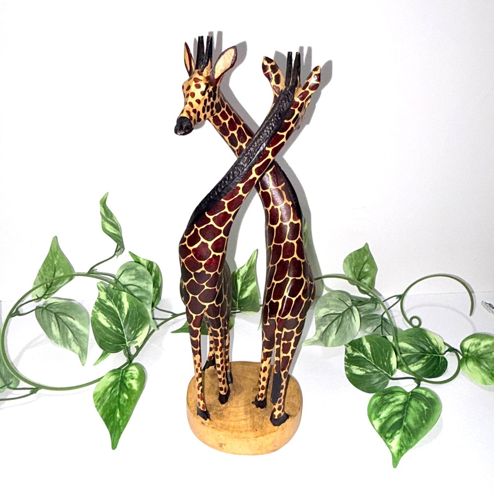 Hand Carved Wooden Giraffe Sculpture Intertwined Necks Hand Painted 12.5"